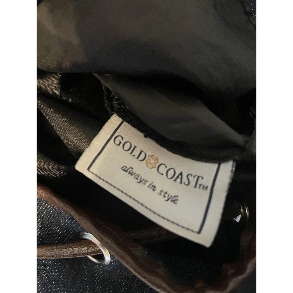 Gold‎ Coast Denim Bucket Bag Faux Leather Trim Studded Hobo Shoulder Crossbody